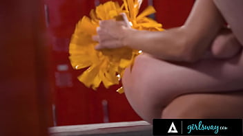 Coco Lovelock’s Tight Little Pussy Gets Absolutely Wrecked By Rival Eliza Ibarra’s Pom Poms, Making Her Squirt All Over The Place